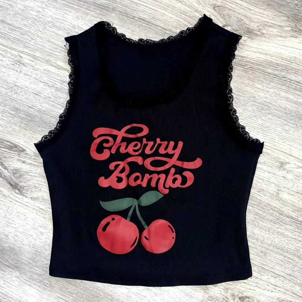 Cherry Bomb Graphic Tank Top - Coquette Lace Trim - Black & Red - Size M - Picture 2 of 7